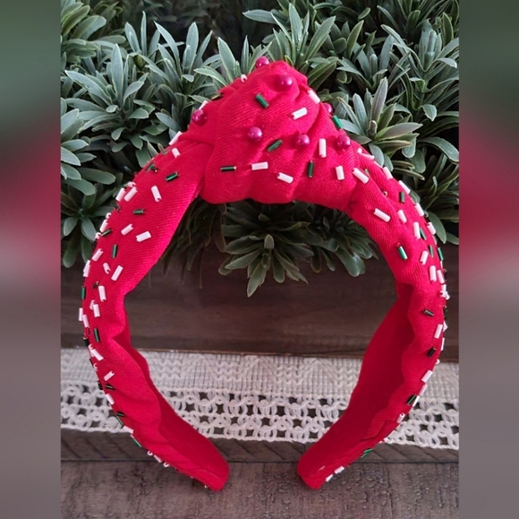 Holiday Sprinkles Beaded Headband in Red - Picture 2 of 5